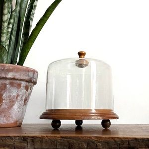Vintage Mid Century Modern Glass Dome with Wood Base Serving Tray Cheese Board
